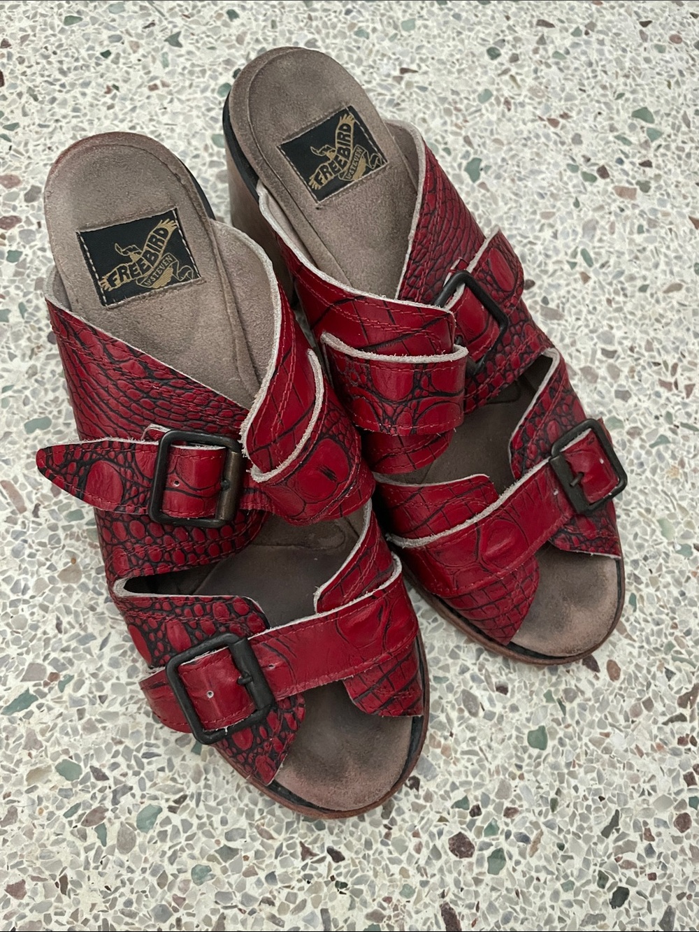 Freebird by Steven Red Croc-Embossed Slide Mules with Buckles